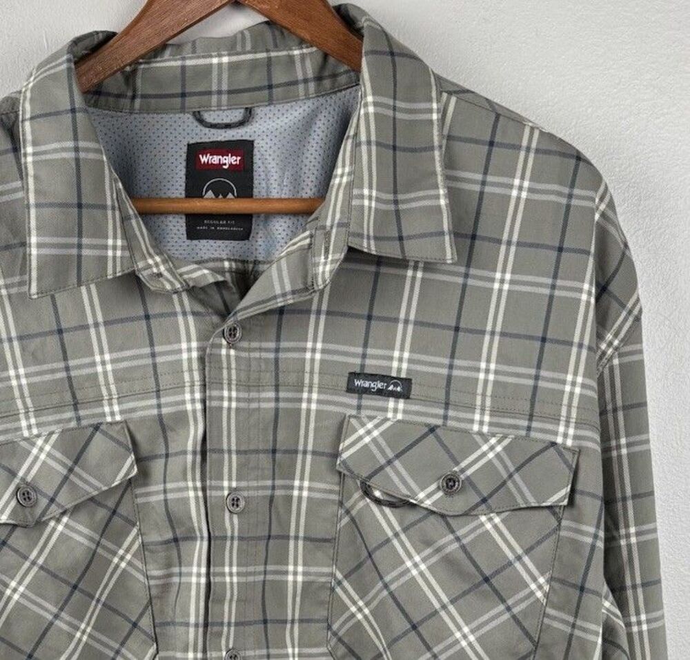 Wrangler Men’s Shirt 2XL Olive Plaid Regular Fit Cotton Spandex Stretch Pockets